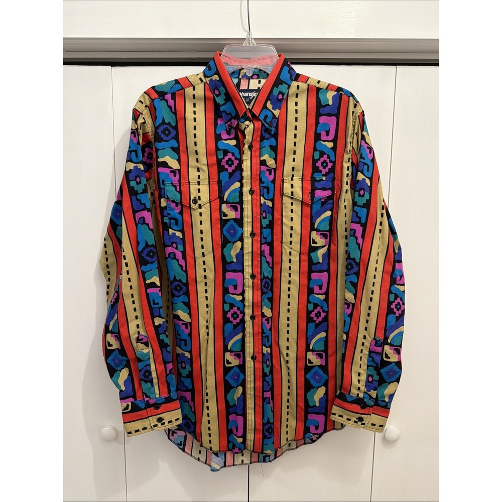 VTG Wrangler Shirt Men's Sz 16.5 x 35 Long Tails Aztec Brushpopper WILD DESIGN!
